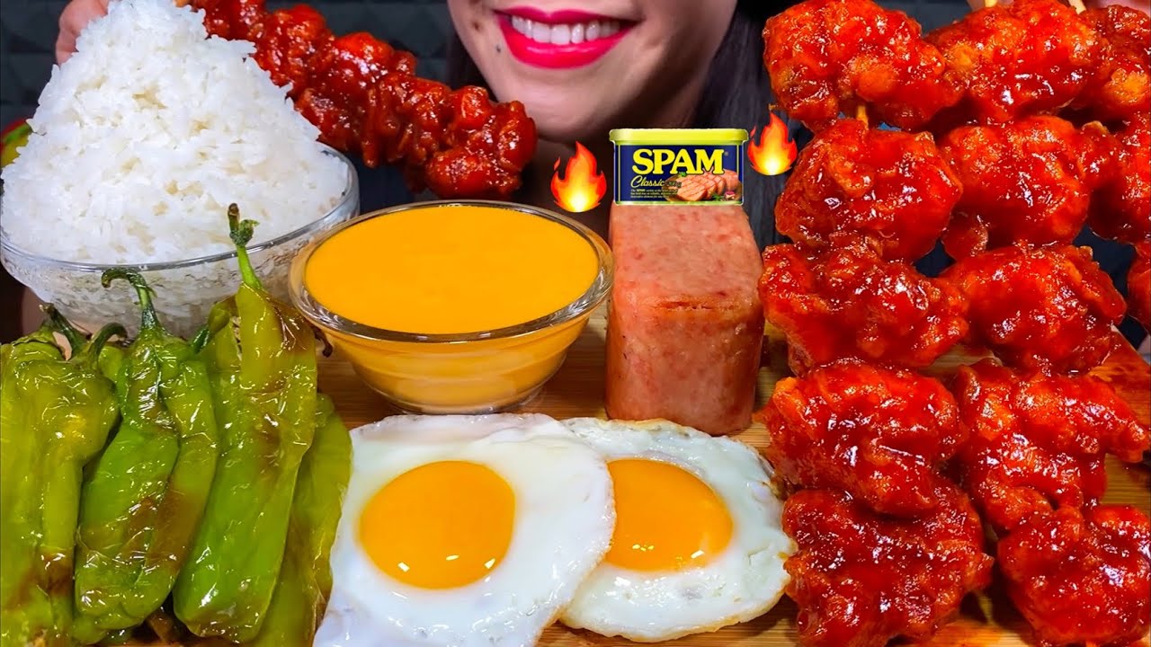 ASMR SPICY FRIED CHICKEN, SPAM, GRILLED PEPPER, EGGS, CHEESE SAUCE, RICE MASSIVE Eating Sounds
