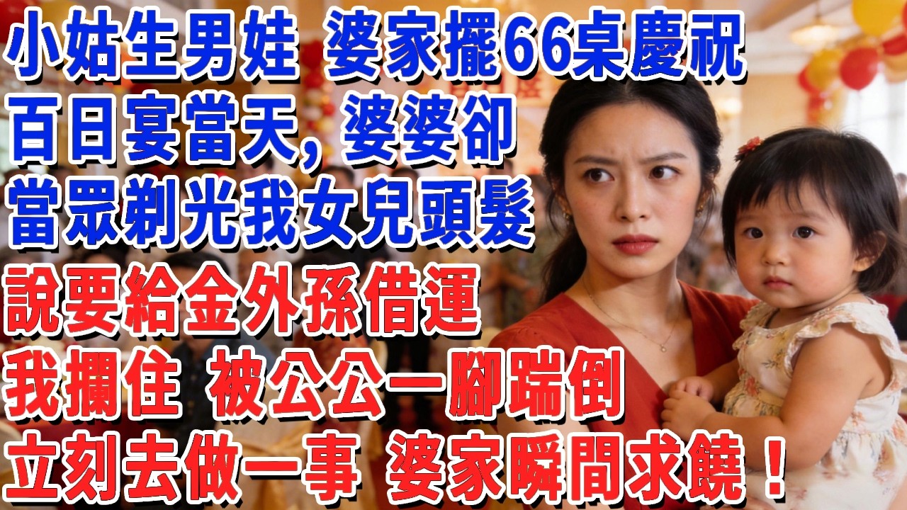 小姑生男娃 婆家擺66桌慶祝，百日宴當天，婆婆卻當眾剃光我女兒頭髮，說要給金外孫借運，我攔住 被公公一腳踹倒，立刻去做一事 婆家瞬間求饒！#小娟講故事 #情感故事 #老年生活