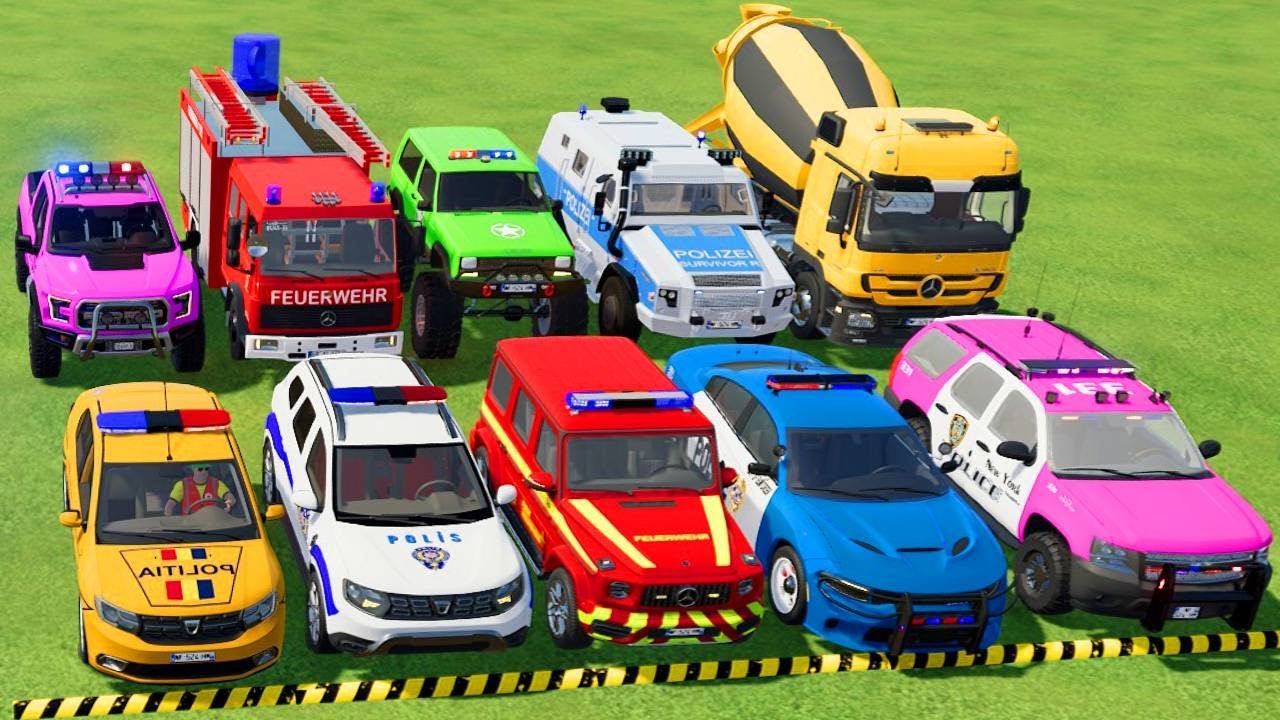 TRANSPORTING POLICE CARS, AMBULANCE, FIRE TRUCK, COLORFUL CARS WITH TRAIN -FARMING SIMULATOR 22!
