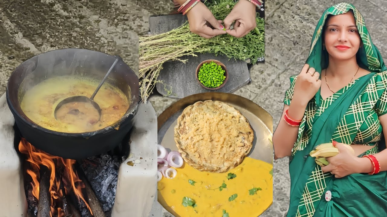 देसी चूल्हे पर देसी घी में छुकी सिल पर पीसे मसाले से हरे चने की कढ़ी मेसी खोब रोट घी शक्कर के साथ😋🇮🇳