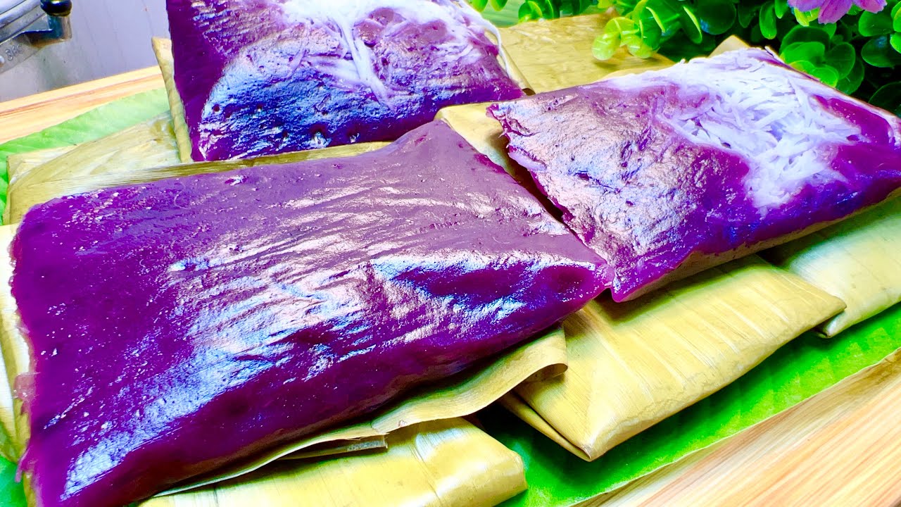 ขนมมันม่วงแป้งเหนียวนุ่มหนึบหอมมันหวานกำลังดีสีสวยอร่อยมาก วิธีห่อง่ายๆ