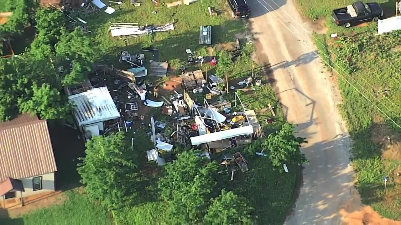 Sky 5 flies over tornado damage near Hydro - YouTube