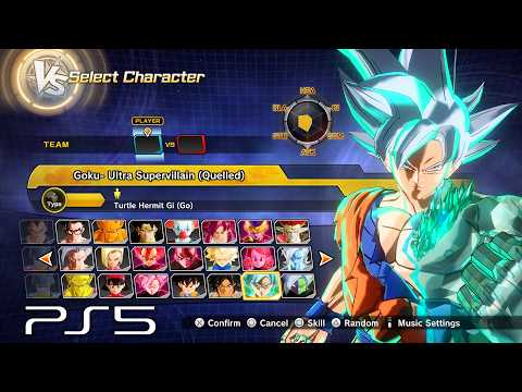 SLOplays thumbnail of the PS5 character select screen with Goku Ultra Supervillain Quelled highlighted and the PS5 logo in the corner