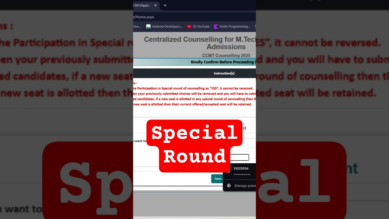 No Need for Registration in Special Round in Ccmt COUNCILNG
