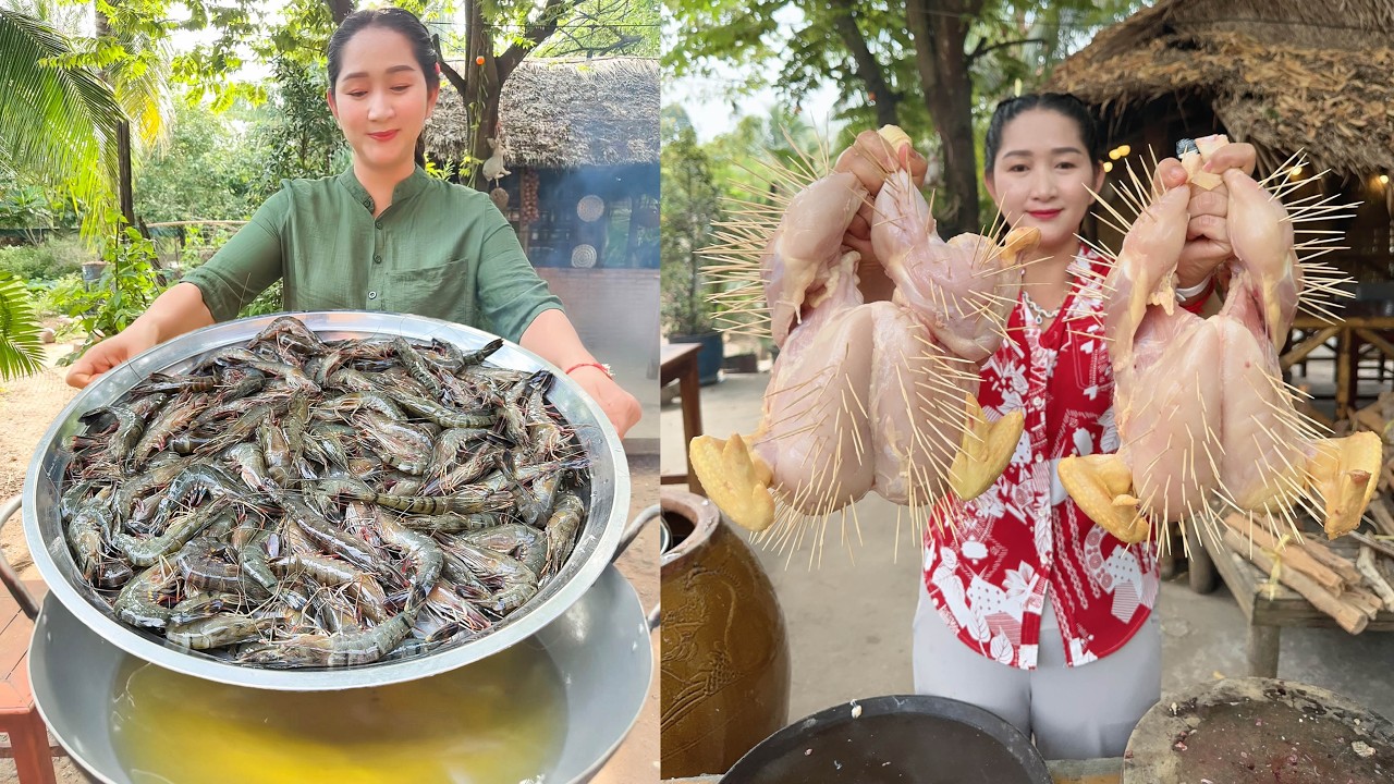 Сливочный суп с хрустящими креветками и жареной рыбой - Жареная рыба и жареная курица с болгарски...