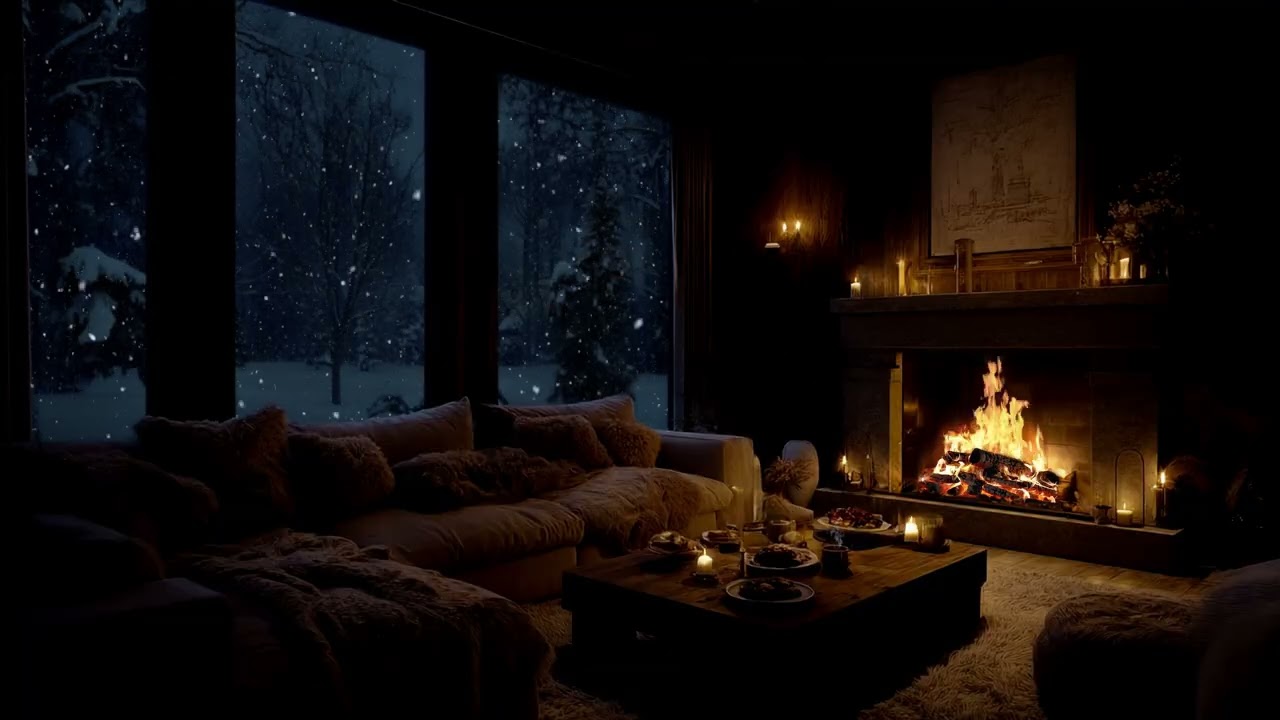 Peaceful Winter Night in a Cozy Room | Piano Music and Fireplace Crackles Sound for Relaxation