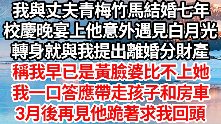 我与丈夫青梅竹马结婚七年，校庆晚宴上他意外遇见白月光，转身就与我提出离婚分财产，称我早已是黄脸婆比不上她，我一口答应带走孩子和房车，3月后再见他跪着求我回头【伦理】【都市】 - 天天要闻