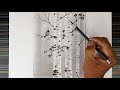 Birch trees with a bird scenery drawing by pencil easy.