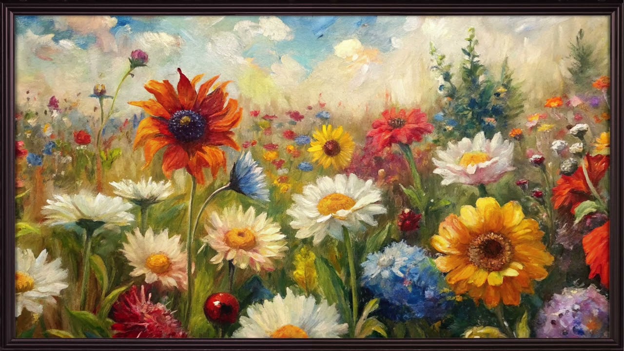 Vibrant Wildflower Field | Vintage Framed Painting for TV screensaver