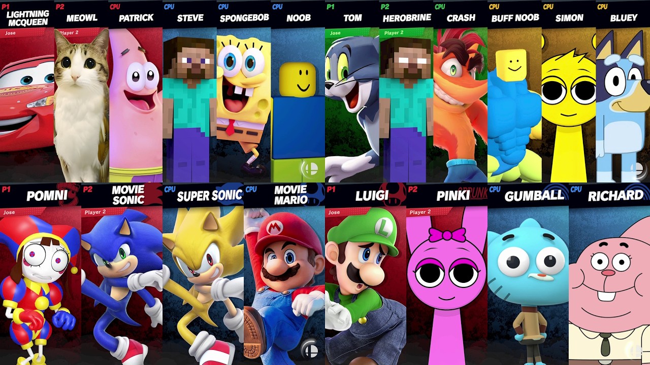 Sonic vs Mario vs Tom vs Bluey vs Roblox vs Minecraft vs Car vs Brainrot | Super Smash Bros Ultimate