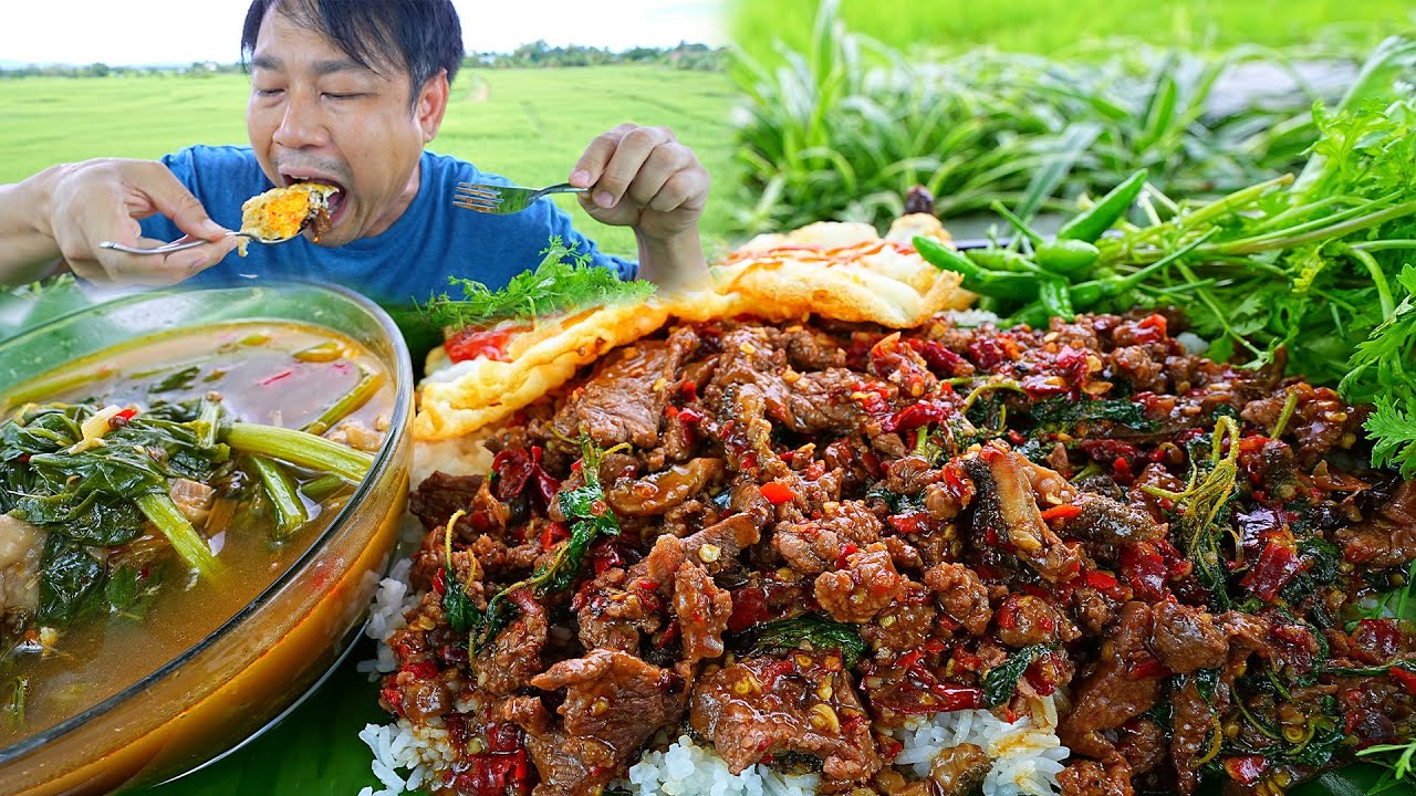 กระเพราเนื้อพริกแห้ง แกล้มพริกขี้หนูเผ็ดๆ กินกับแกงผักกาดหวานๆ ลำขนาดครับ -04-10-2022-