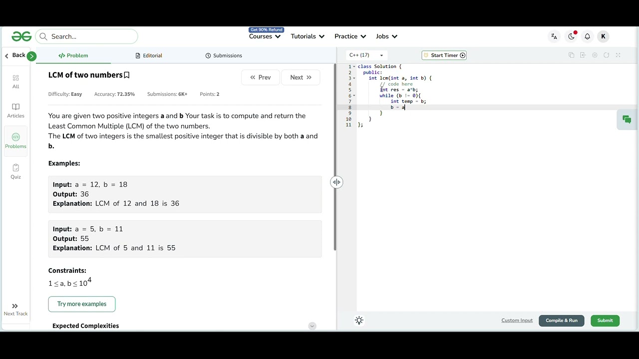 LCM of two Numbers | GeeksforGeeks | C++ | Dt : 27-01-2026 | Coding ...