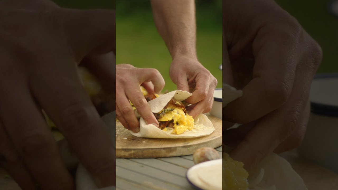 BBQ Breakfast Burrito with bacon and sausage Campfire cooking BBQ breakfast ideas uk