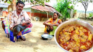 house pet country chicken curry cooking full preparation by santali tribe couple||rural village