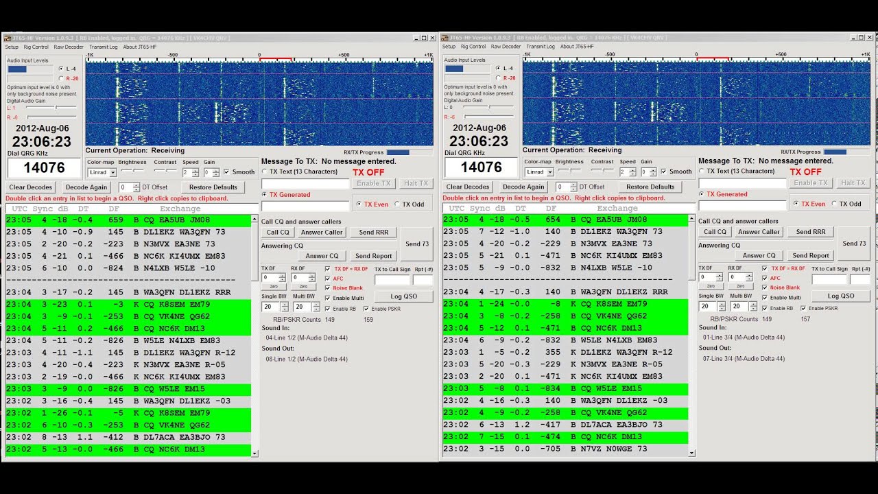 Elecraft K3 (right) & Yaesu FT-450D (left) JT65A reception comparison
