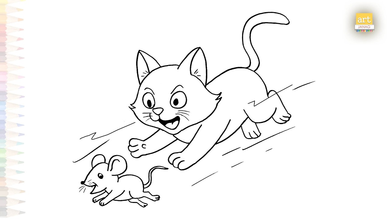 Cat chasing a mouse drawing easy | Art sketching | How to draw Cat and ...