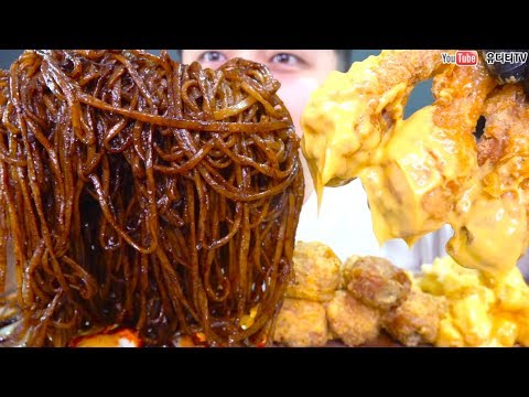 ASMR NUCLEAR <strong>FIRE</strong> BLACK BEAN NOODLES &amp;amp; CHEESE CHICKEN <strong>BBQ</strong> 치즐링치킨 &amp;amp; 핵불닭간짜장 먹방 MUKBANG