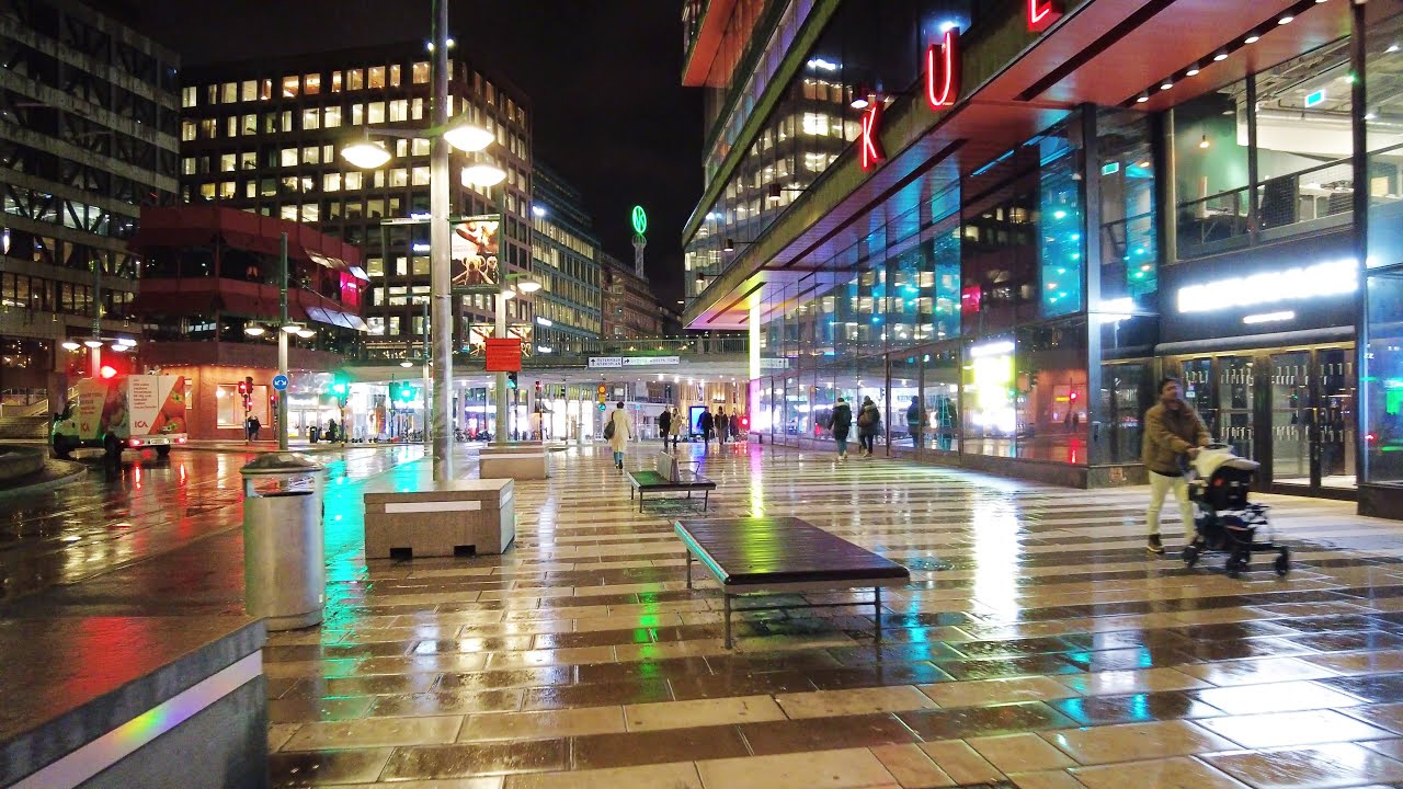 Rainy Night Walk From Sergals torg , Gallerian to Östermalm ,Stockholm, Sweden , 4K