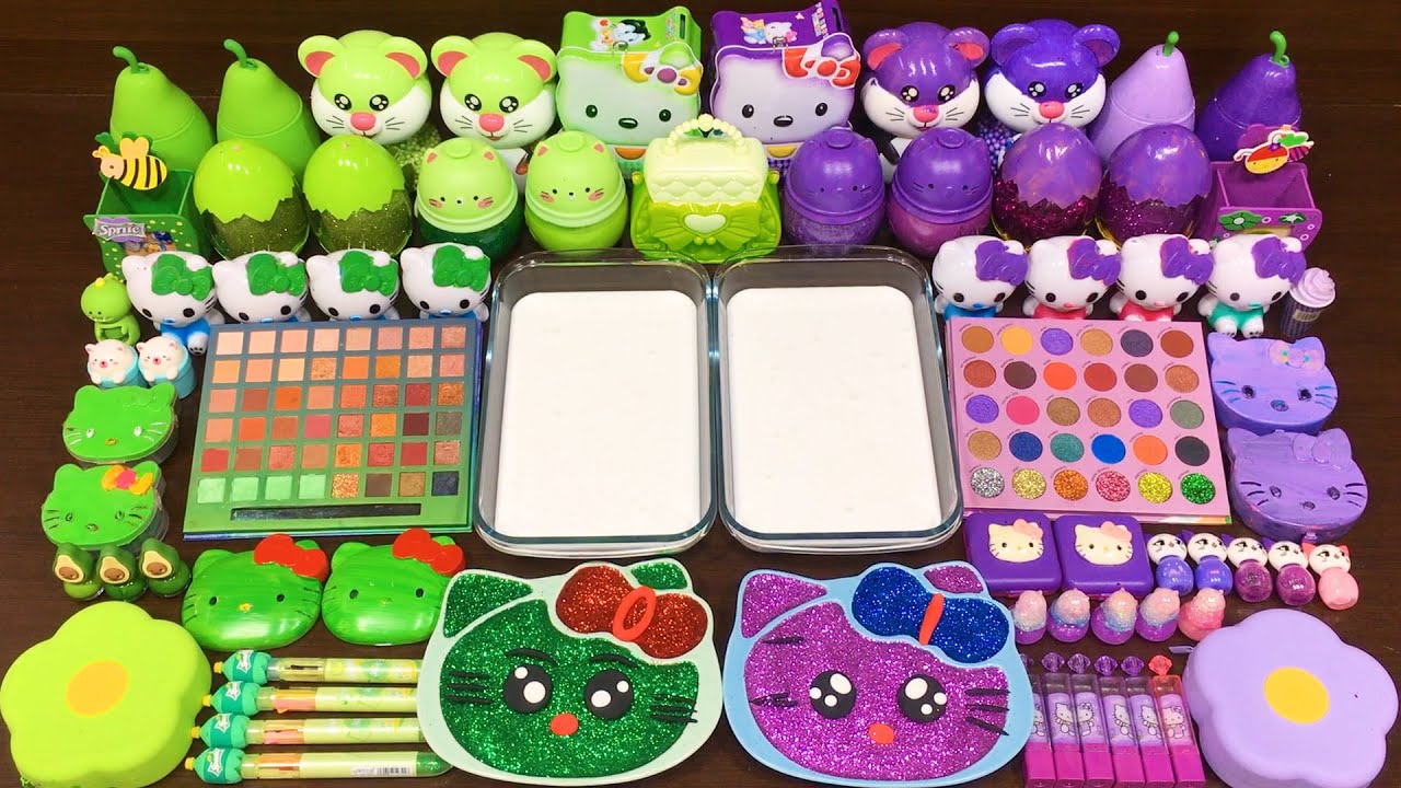 GREEN vs PURPLE HELLO KITTY! Mixing Random into GLOSSY Slime ! Satisfying Slime Video 