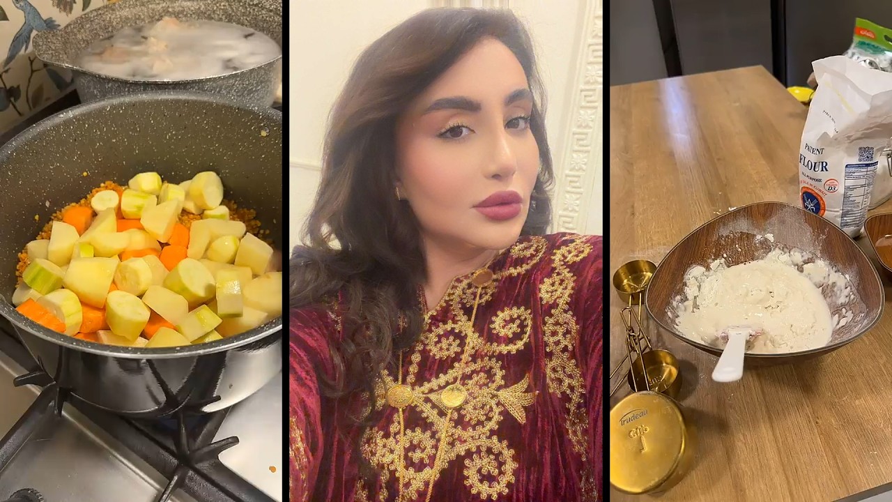 شيماء علي تطبخ فطور رمضان عجينة لقيمات شوربة عدس وهريسه وسلطة برغل وزهره