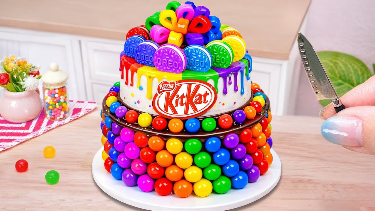 Kitkat Rainbow Cake with Sweet Treats  💖 Dreamy Miniature Fondant Jelly Cake Recipe 🌈 Unbox Overwo