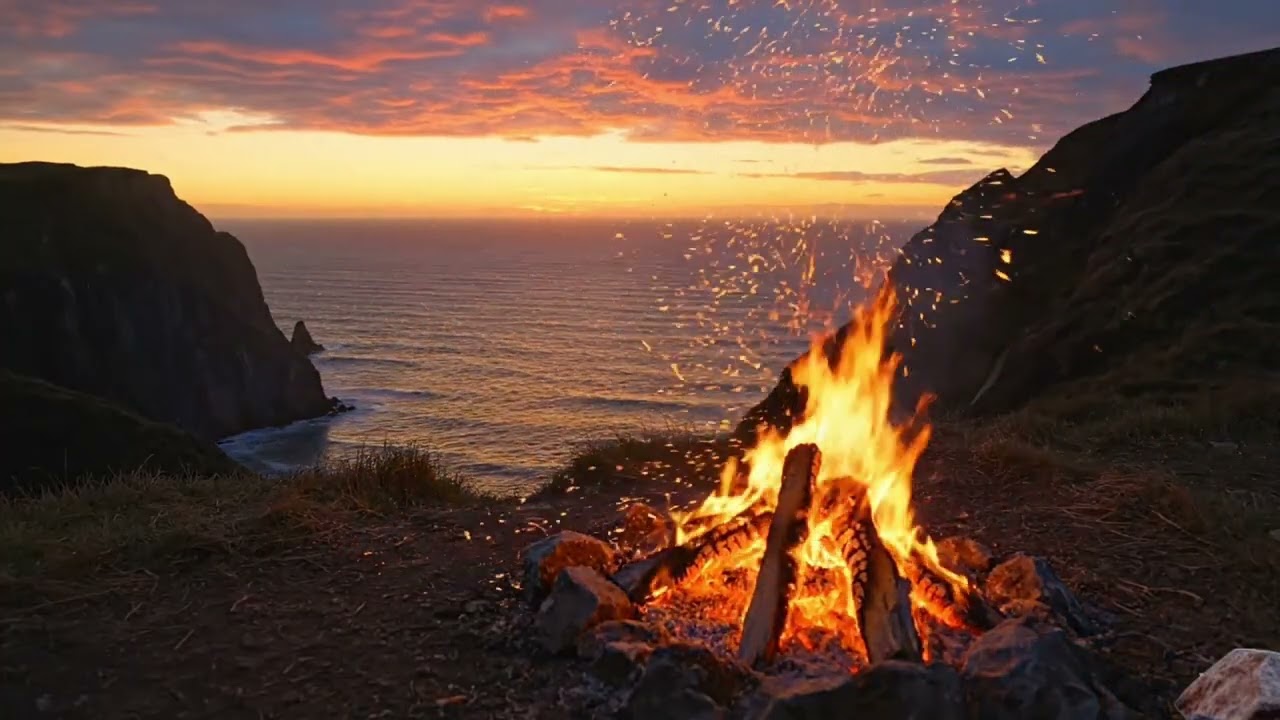Sunset Cliff Campfire with Ocean Waves 🔥 Deep Sleep (3 Hours | No Music)