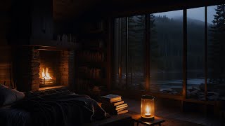 Gentle Night Rainfall: 24Hour Cozy Bedroom Ambience with Soothing Fire Crackles