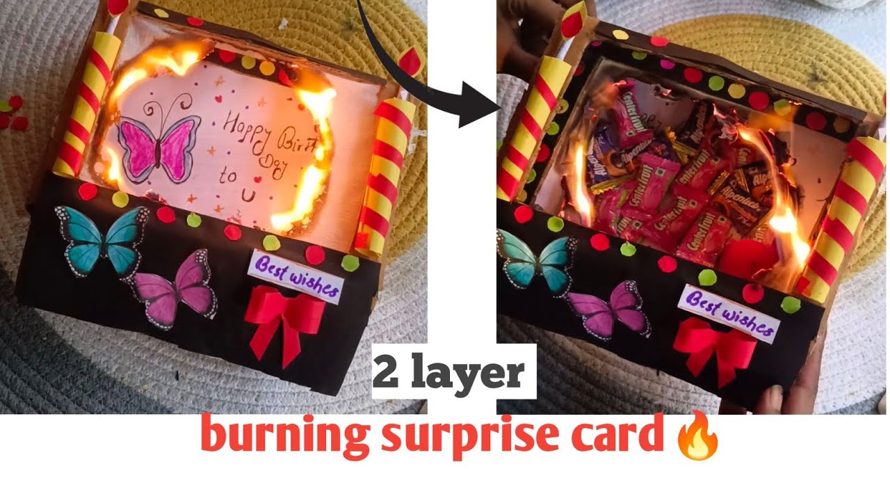2 layer burning surprise birthday card/How to make fire burning surprise card for birthday