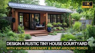 Design a Rustic Tiny House Courtyard with Vintage Greenery & Wrap-Around Porch