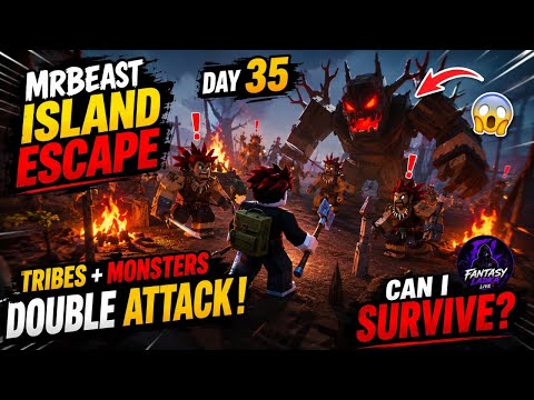 😱 Day 35 Survival! Tribes &amp; Monsters Attacked Me | Roblox MrBeast Island Escape