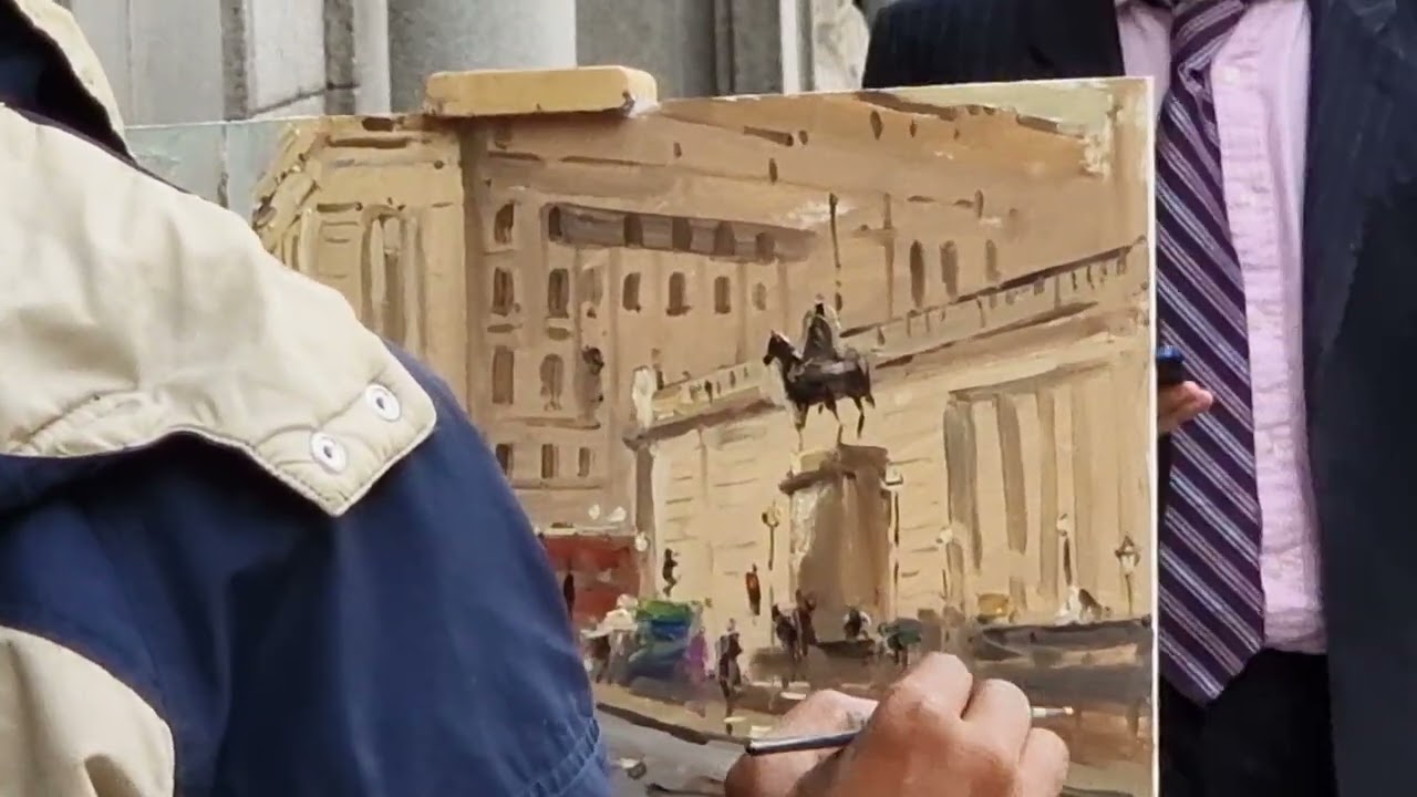 Very talented man, painting The Bank of England & The Duke of Wellington Memorial = Cornhill London.