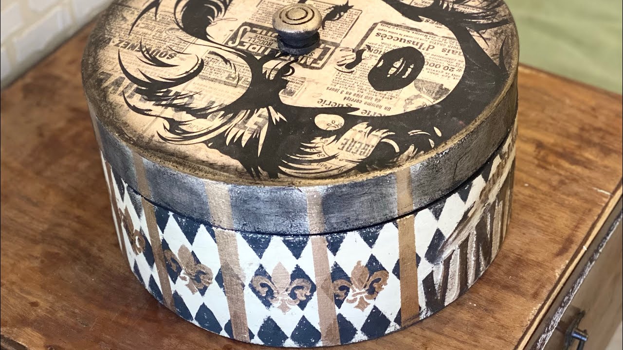 Vintage Hat Box Makeover | Round Box Painting Tutorial | Decoupage + Staining Wax + Gold Mica