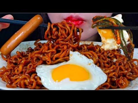 ASMR Instant Black Bean Noodles *Chapagetti* + Sausage + Green Onion Kimchi MUKBANG (Eating Sounds)