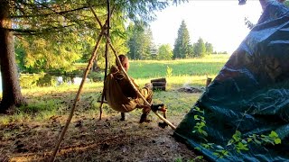 Summer Bushcraft Camping | Shelter for Survival Using a Tent | Fishing with a Homemade Rod