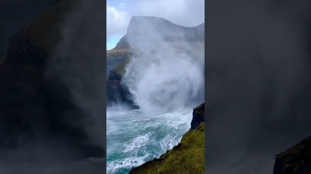 Breathtaking waterfall in 📍Faroe Islands that goes wild due to the high speed of winds! 