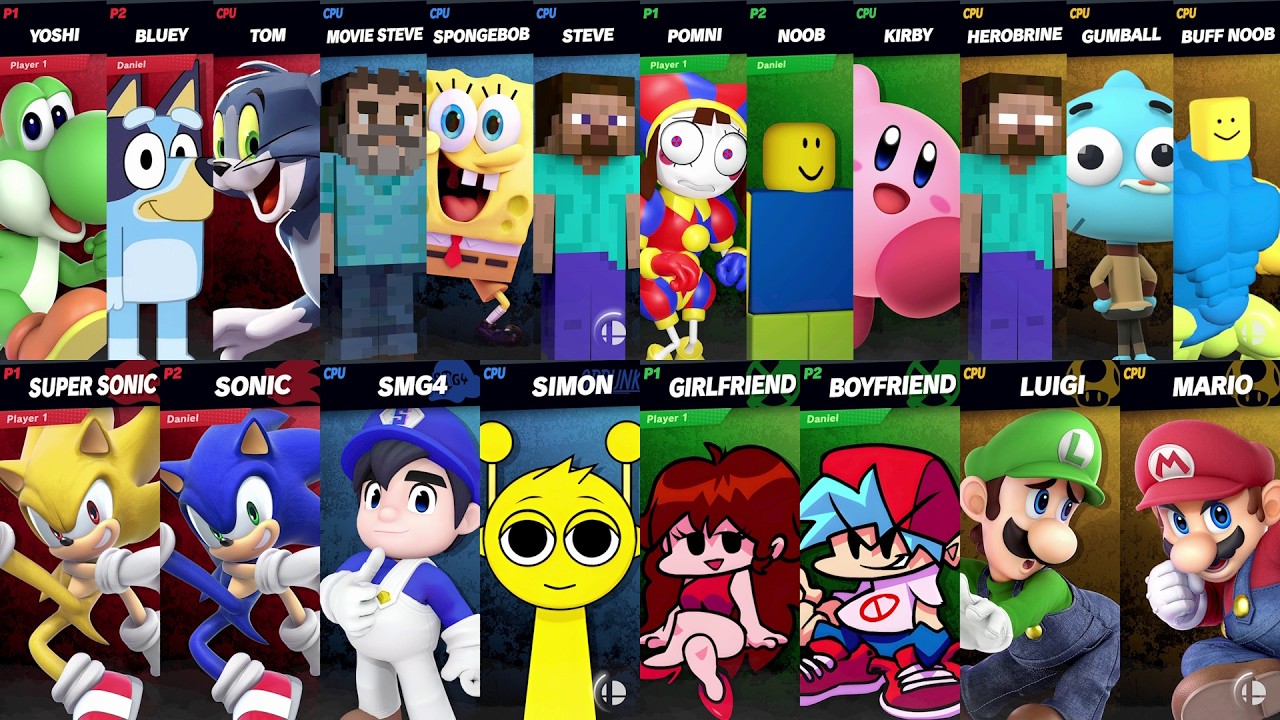 Sonic vs Mario vs Tom vs Bluey vs SpongeBob vs Girlfriend vs Roblox vs Minecraft | Super Smash Bros