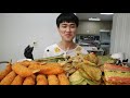 꽃돼지 바지락전 꼬지전 산적 고추전 애호박전 깻잎전 대게살튀김 파김치 스피드 한식먹방 [korean food]mukbang Eating show