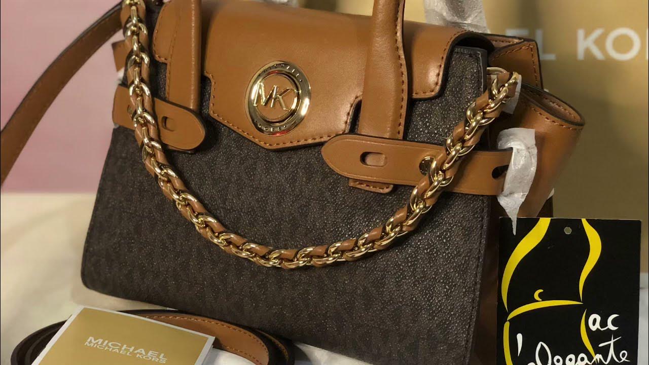 Michael Kors Retail Carmen belted xs flap satchel brown acorn with modshots  