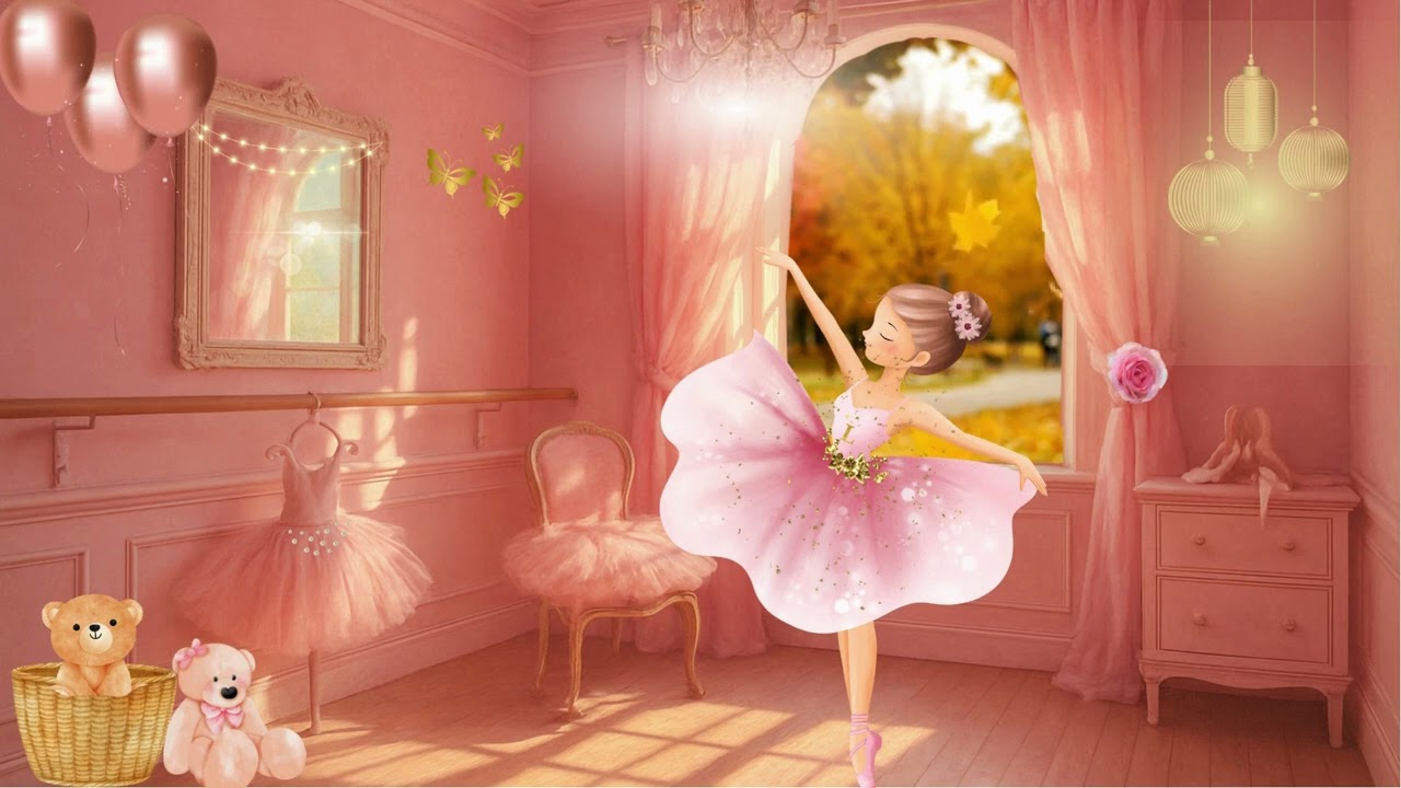 Whimsical Ballerina Room  | Pink & Gold Ambience with Soft Piano, Wind Chimes & Leaves ASMR