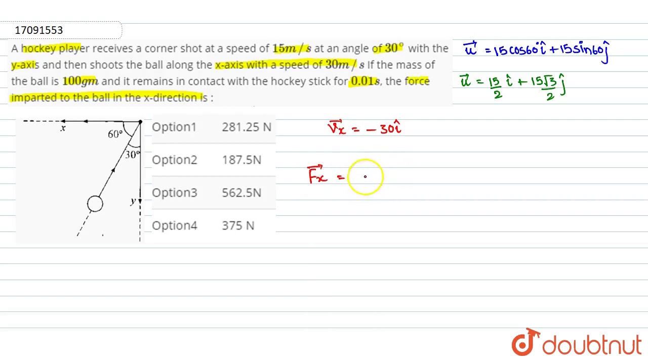 A hockey player receives a corner shot at a speed of `15m//s` at an