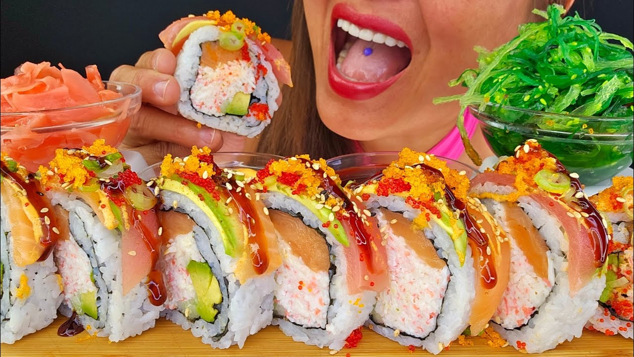 GIANT RAINBOW ROLL ASMR MUKBANG OMAD BIG BITES