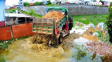 Amazing Project the big pond filling big rock by dump truck & bulldozer KOMAT