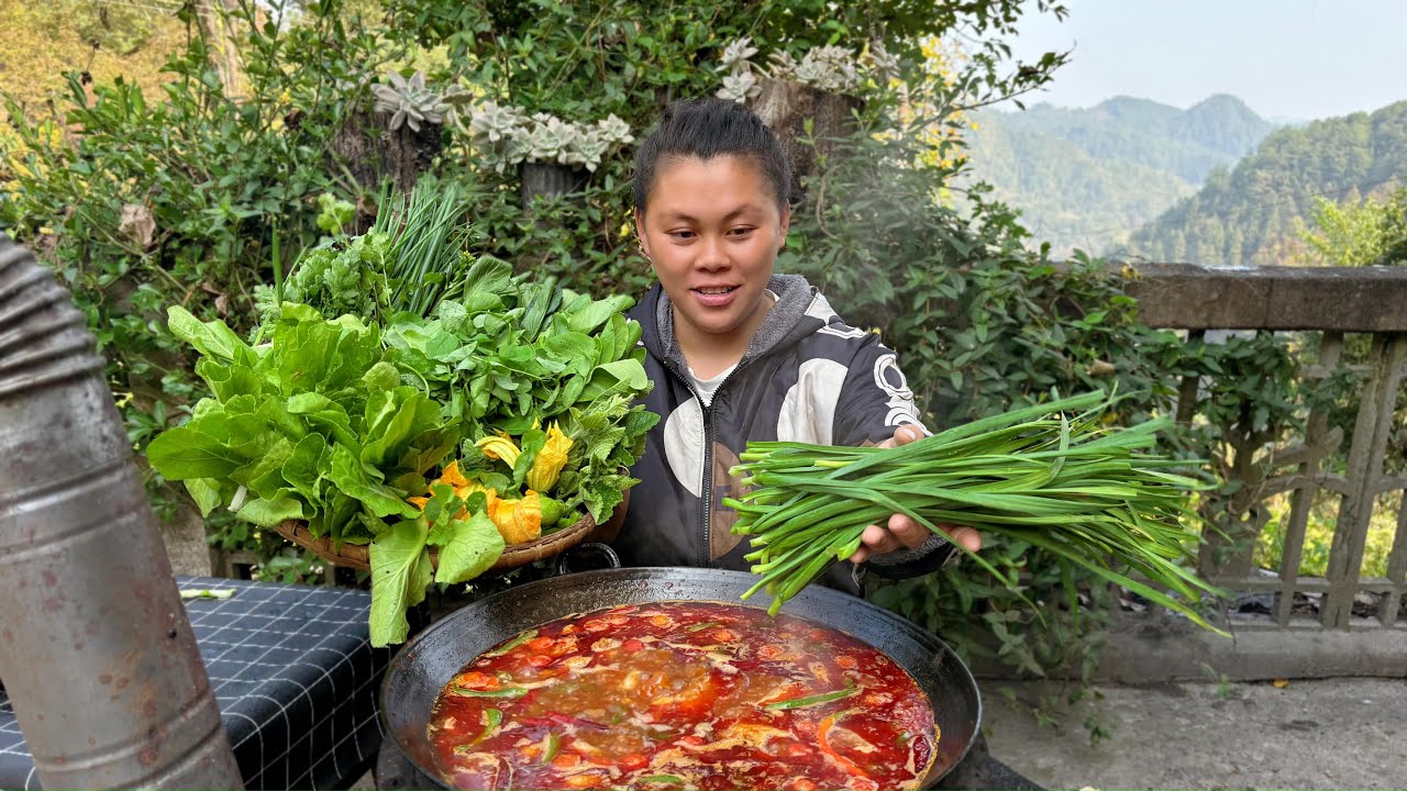 今天摘了一大堆新鲜蔬菜，做个豆豉火锅把蔬菜吃到饱 I picked a lot of vegetables today to make a hotpot