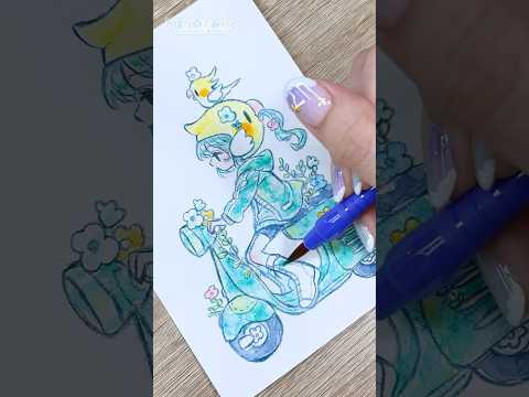 【透明水彩メイキング】🛵『探し物はなぁに？』🎨🦜#Shorts #watercolor #watercolorpainting  #illustration