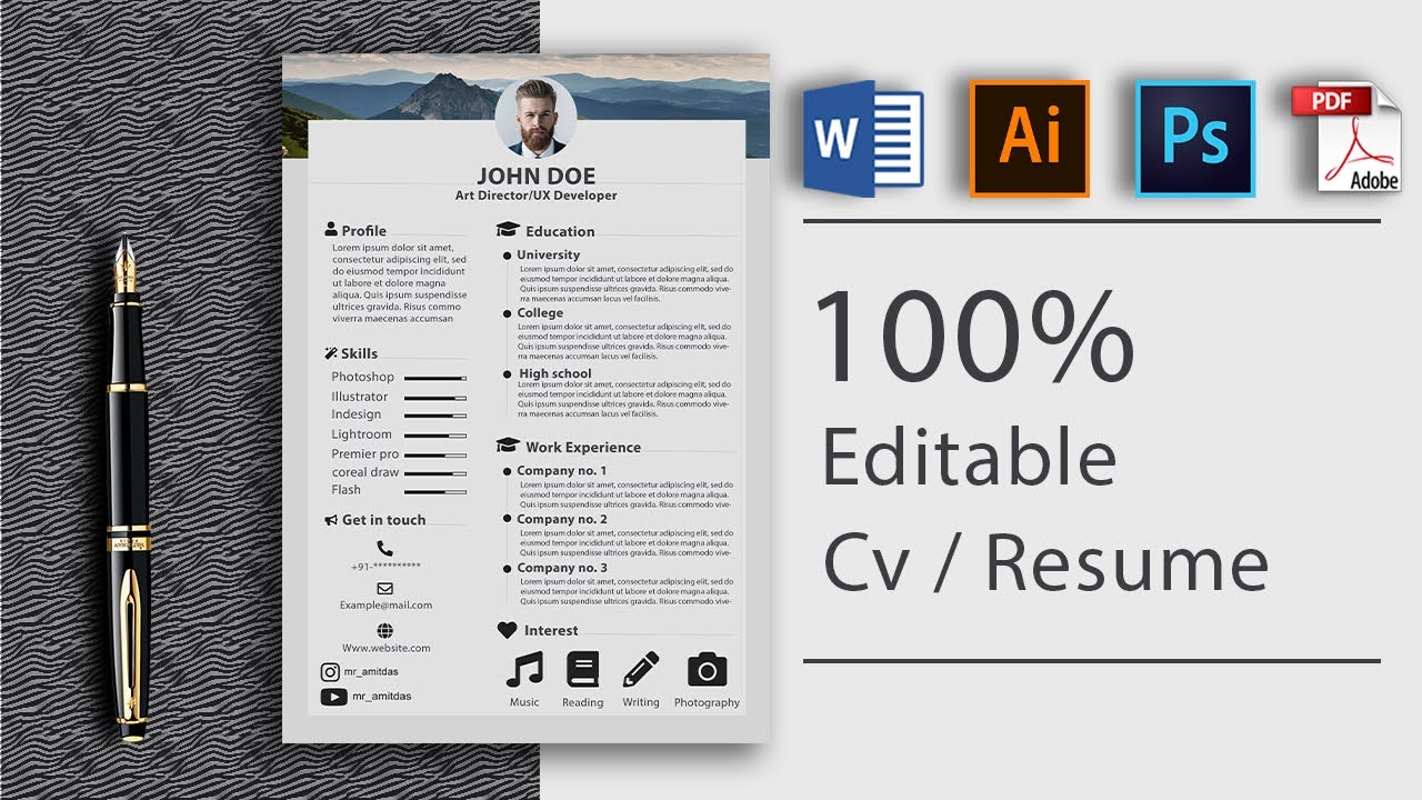 Attractive Cv or Resume design in Adobe Photoshop[speed art]