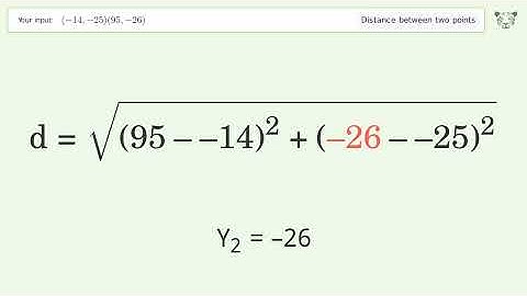 Find the distance between two points p1 (-14,-25) and p2 (95,-26): Step-by-Step Video Solution