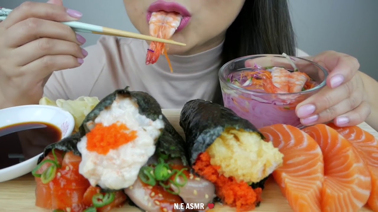 N.E ASMR - Sushi cones, ginger, glass noodles 🍝  *bites only