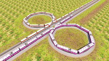 4 Colorful Trains Crossing On Double Circle Railroad Track-Rel Kereta Api Kembar Berputar putar #130