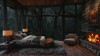 Goodbye Stress to Fall Asleep Fast with Heavy Rain Sounds In Cozy Forest Room With Fireplace Burning