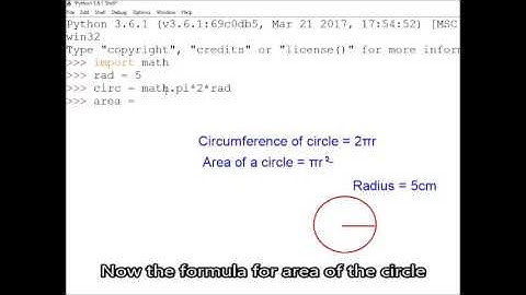 Python Import Math; Using Math.pi; calculate circle area &circumference, Using math.sqrt